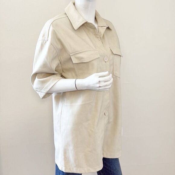7 For All Mankind Cream Faux Leather Short Sleeve Oversized Shirt Jacket - Picture 3 of 7